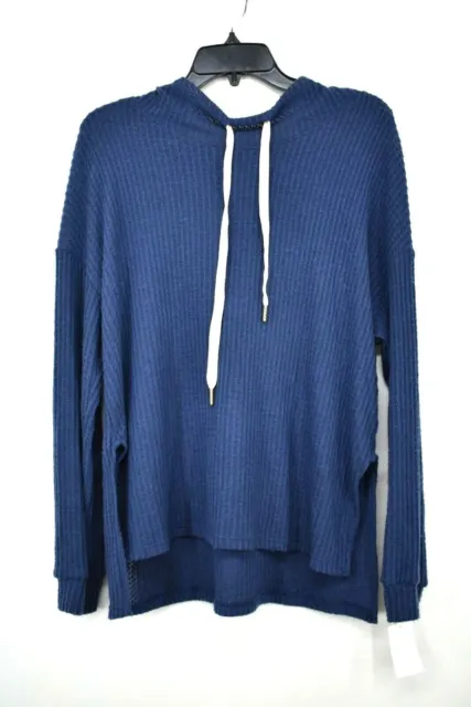 PST by Project Social T Womens Long Sleeves Blue Waffle Knit Drawstring Hoodie S