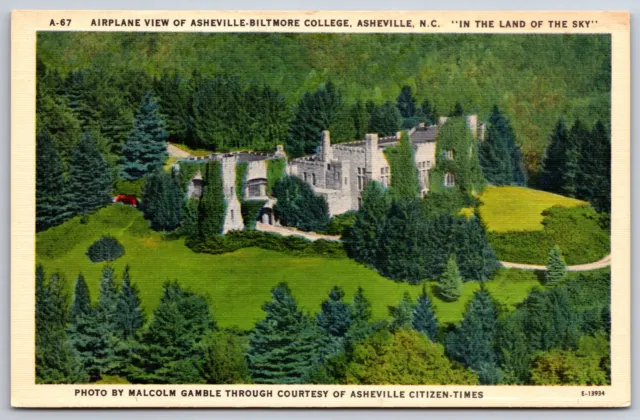 Asheville North Carolina~Airplane View Of Biltmore College~Vtg Linen Postcard