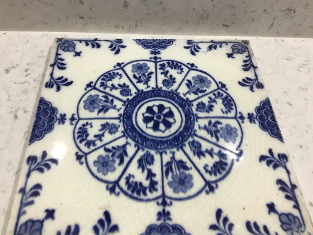 Wedgwood Late Victorian Blue+ White Chinese Style Floral Tile 6”x 6" C 1890