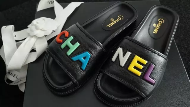 Chanel 22S Ivory Lambskin Multicolor CHA NEL Letter Logo Flat Slide Sandal  40