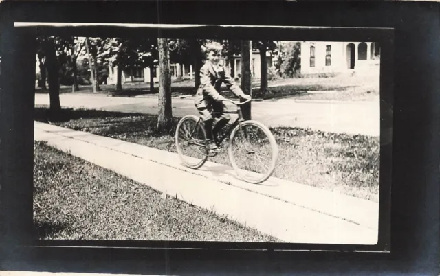 FITCHBURG MA-HANDSOME BOY-TODD LYNN-RIDING BICYCLE~1910s REAL PHOTO POSTCARD