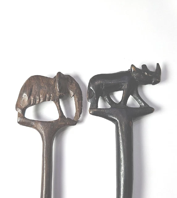 Vintage Wooden Hand Carved Rhino & Elephant E African 1 Spoon Bowl is a Shilling