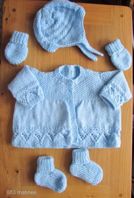 baby blue 4 piece matinee set 0 - 3 months hand knitted coat hat mitts &boots.