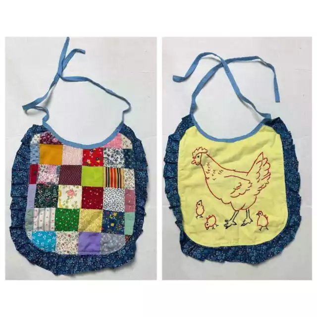 Vintage Handmade Quilted Reversible Baby Bib Patchwork Chicken Chicks Embroidery