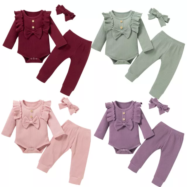 Infant Baby Girl Romper Outfits Long Sleeves Tops Bodysuit Pants Headband Set