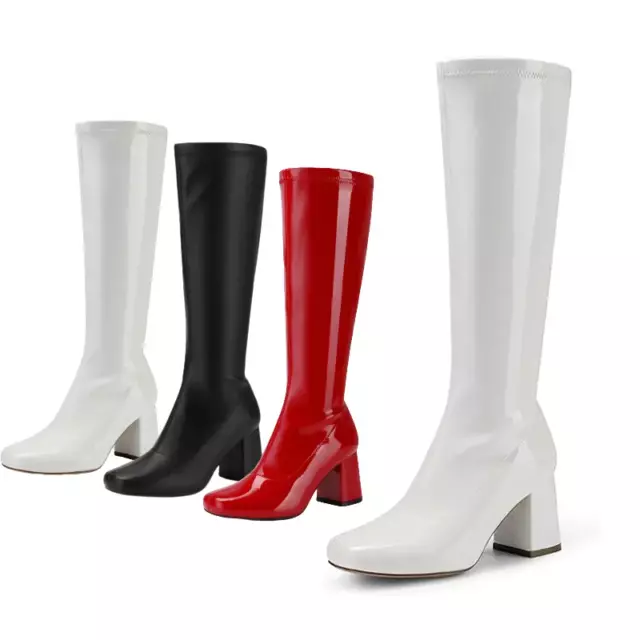 Women Gogo Boots Chunky Block Heel Square Toe Knee High Boots