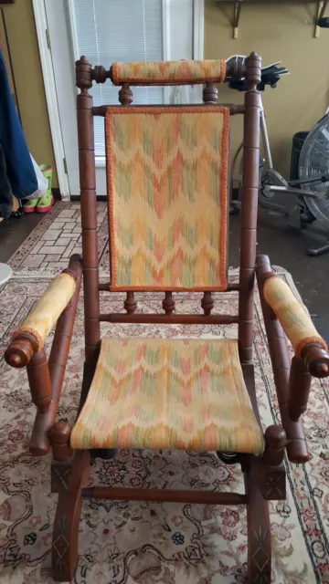Antique Eastlake Victorian Turned Walnut Gold Material Rocking Chair