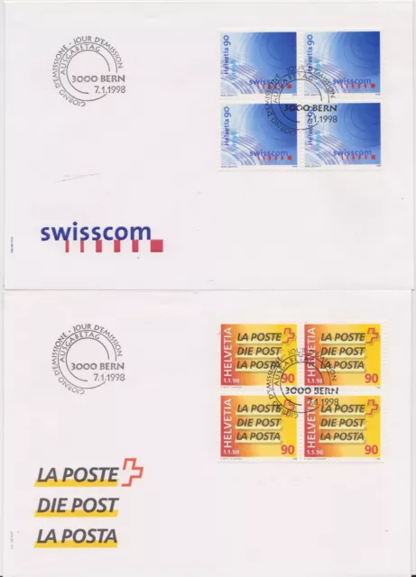 Schweiz-1998-FDC-POST+TELEFON+TELEGRAPHEN-(PTT)-Mi:1637-1638-im 4er-Block-kpl.