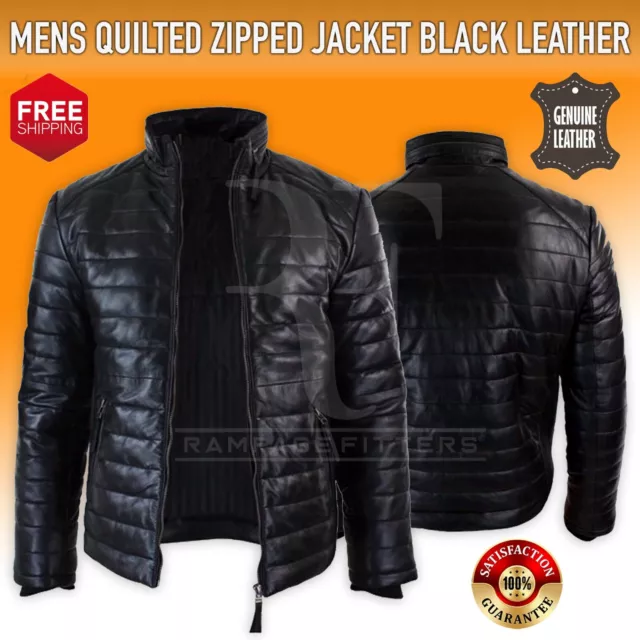 Black Leather Puffer Jacket, Men's Padded Puffy bubble Real Leather Jacket