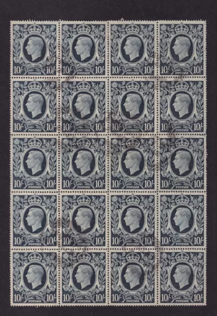 GB GVI SG478, 10s dark blue - BLOCK OF 20(Incl Sg478ab blot on scroll) fine used