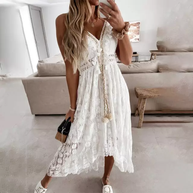 Womens Boho Floral Lace Swing Maxi Long Dress Ladies Beach Holiday Sundress AU