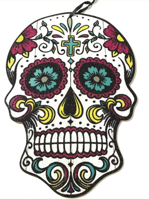 Sugar Skull Day of the Dead Wall Hanging Sign White Colorful Flower Glitter Wood
