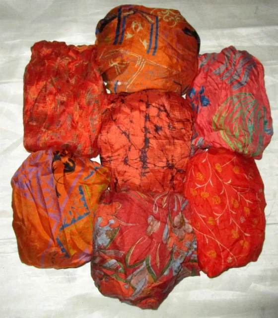 UK LOT PURE SILK Vintage Sari REMNANT Fabric 7 Pcs 1 foot ech Orange #,AQO3