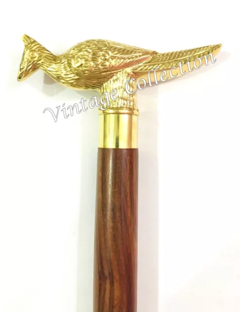 Brass Peacock Handle Wooden Halloween Walking Stick Vintage Victorian Shaft Cane