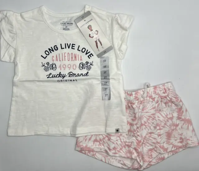 Girls Size 3T Lucky Brand 2-Piece Short Set T-Shirt Summer Outfit White Pink