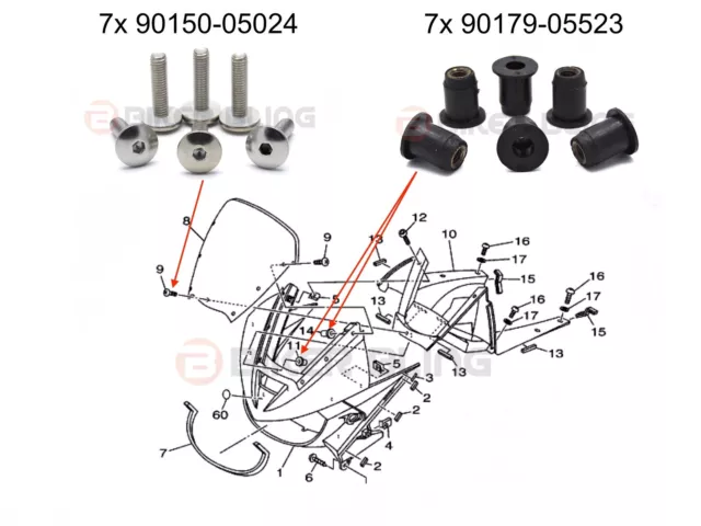 Yamaha TDM 900 2002-2010 Siebverkleidung Kotflügel Bolzen & Gummi Well Muttern 2