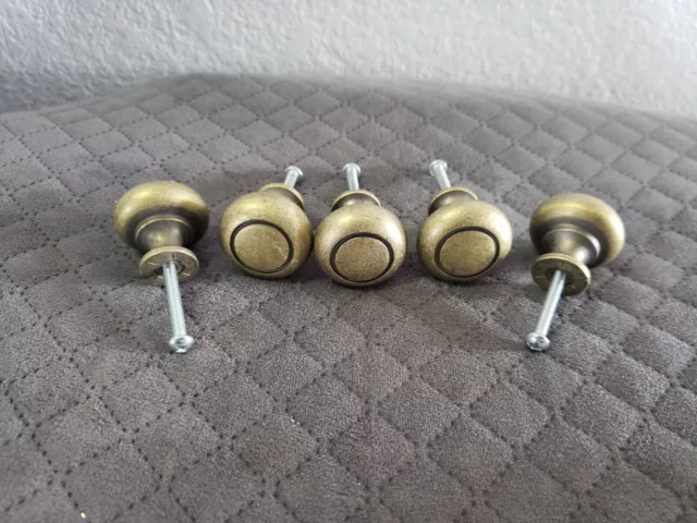 Lot of 5 Vintage Brass Plated Cabinet Knobs Drawer Pulls Round