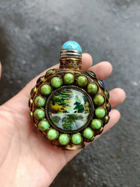 vintage chinese snuff bottle collection carved  brass Inlaid Landscape Painted N