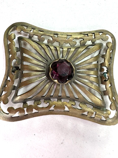 Vintage Brooch Art Nouveau Brass Purple Glass Stone C-Clasp for Coat Sash Royal