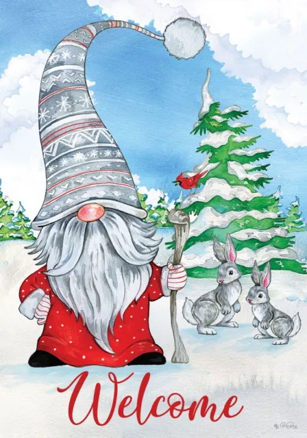 Welcome Winter Gnome, Snow, Bunnies, Garden Flag 12"x18", Custom Decor.