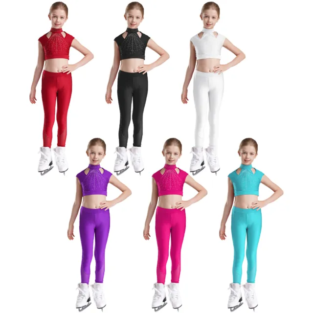 Kids Girls Tracksuits Ballet Outfits Sheer Mesh Crop Top And Leggings Cutout