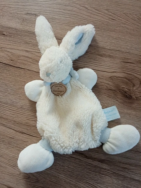 DOUDOU et COMPAGNIE MON TOUT PETIT BONBON LAPIN PLAT BLANC BLEU