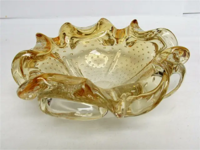 Amber Solid Heavy Art Glass Scalloped Bowl with Tiny Bubbles inside the Glass