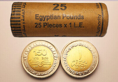 EGYPT, 25 x Coins with ROLL, 1 Pound 2022 House of Books 150th Year UNC, BIMETAL