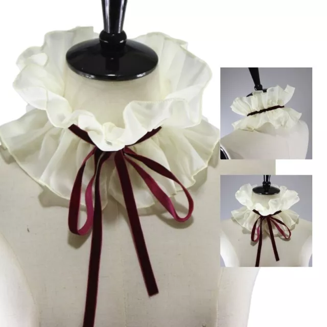 Women Vintage Chiffon Ruffled Detachable Fake Collar Ribbon Lace-Up Choker Shawl