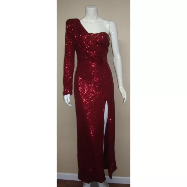 FAERLESTY Burgundy Long Sequin One Shoulder Side Slit Dress Gown Size MED