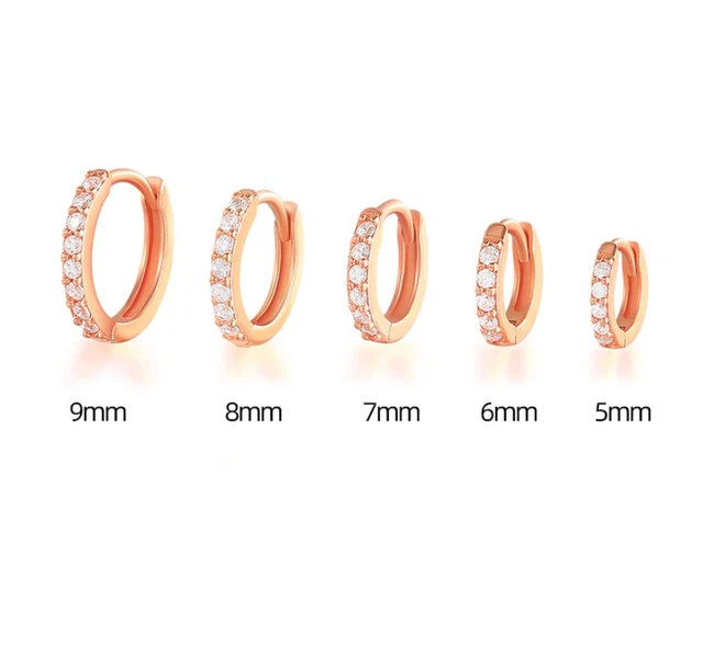 5/6/7/8/9mm Rose Gold Plated CZ Huggie Hoop Small Earrings Women Girl 2Pcs TH2