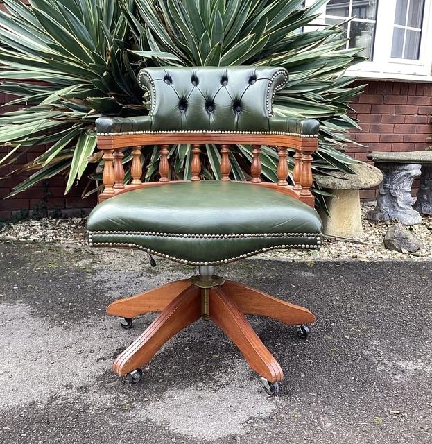 Green Leather Chesterfield Swivel Tilt Captains Chair