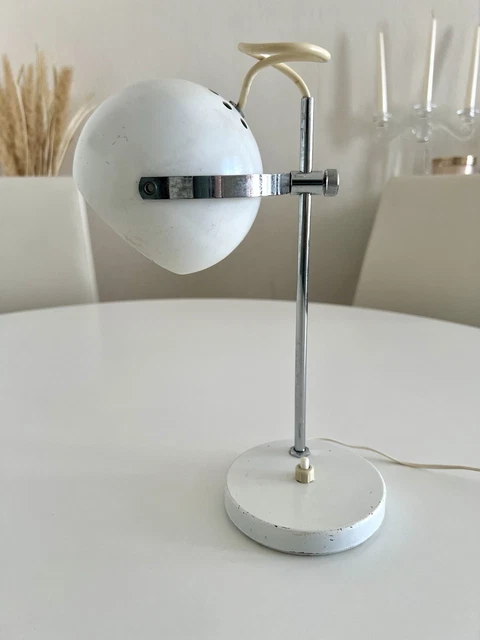 Lampe De Table Vintage Space Age Nuova Veneta Lumi, Années 60, Métal émaillé Blanc, Globe Eyeball Orientable, 20cm, Italy