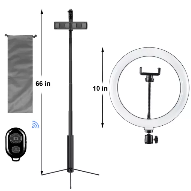 10" LED Ring Light Kit with 66" Tripod Stand Dual Phone Holder for iPhone / iPad