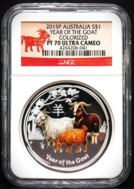 2015P Australia $1 Year of The Goat Colorized 1oz Silver NGC PF70 UC