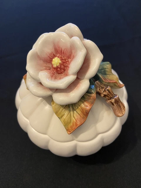 Fritz & Floyd White Pumpkin Covered Dish Bowl Pretty Rose on top Ladybug inside