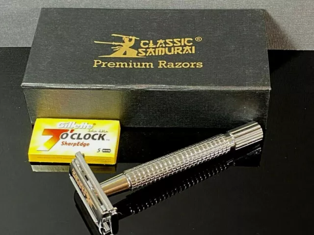 Men's DE Classic Stainless Safety Razor Shaving w 7 O Clock 5 Blades Pack Gift