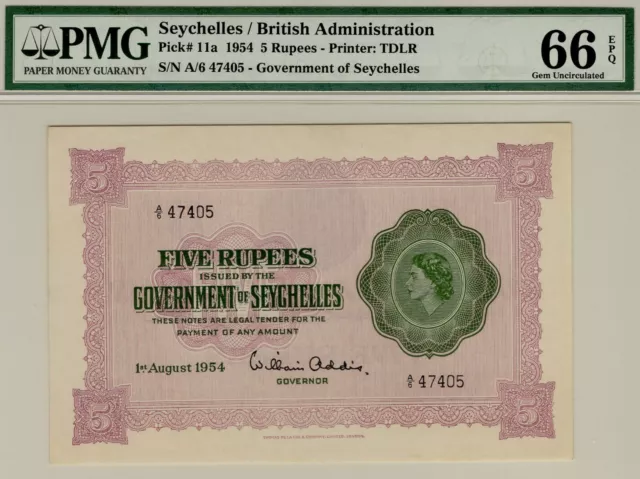 Seychelles Queen Elizabeth II, 5 Rupees Banknote #p 11a. PMG 66 EPQ GEM UNC 1954