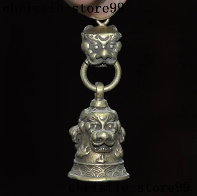 Old Chinese bronze lion Foo Dog beast head statue amulet Little bell Small bell