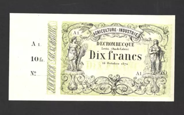 10 Francs  Unc Local  Banknote From France/Lens Pas De Calais  1870