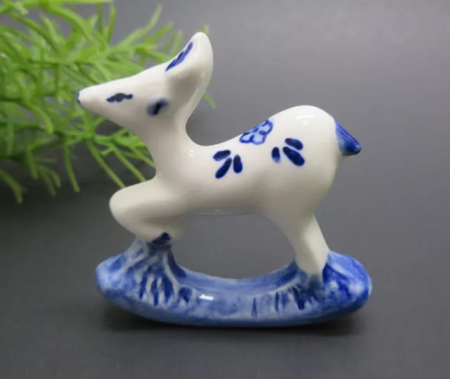 Miniature Deer Figurine Hand Painted Delft Blue White Porcelain Neatherlands