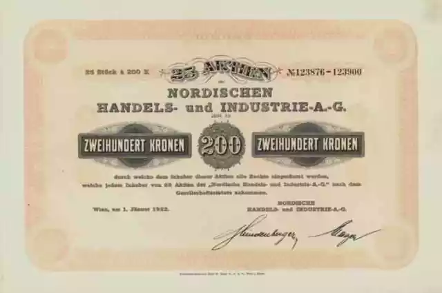 Nordische Handels Industrie AG 1922 Wien 5000 Kronen Gewinnanteile Finnland