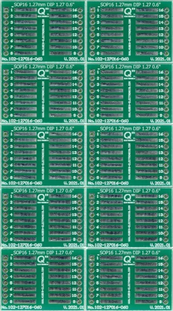 10 PCS. - SO16,SOP16,SOIC16 1.27mm(0.05") to DIP 0.6" (1.27mm pin raster). [UK]