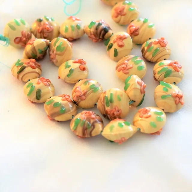 Tan with Peach Flower Handmade Lampwork Glass Round Lentil Beads, 5 pc. 16mm