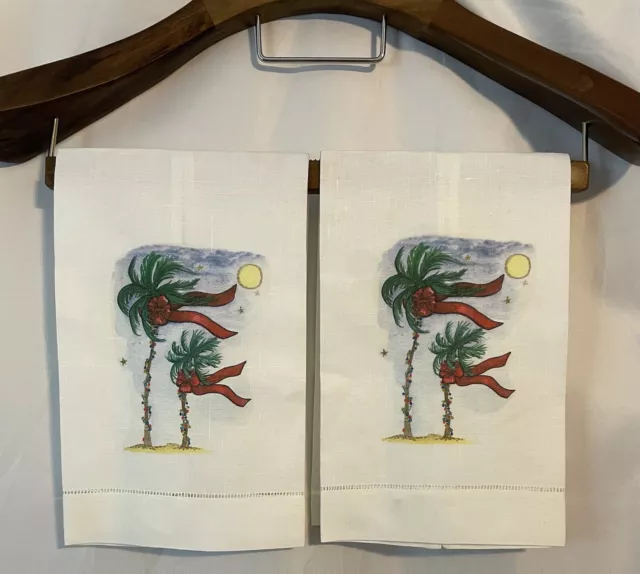 2 Vintage Palm Trees w Red Ribbon Bows Christmas Holiday Tropical Linen Napkins