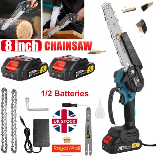 8'' Mini Cordless Chainsaw Electric One-Hand Saw Wood Cutter w/ Li-ion Batteries