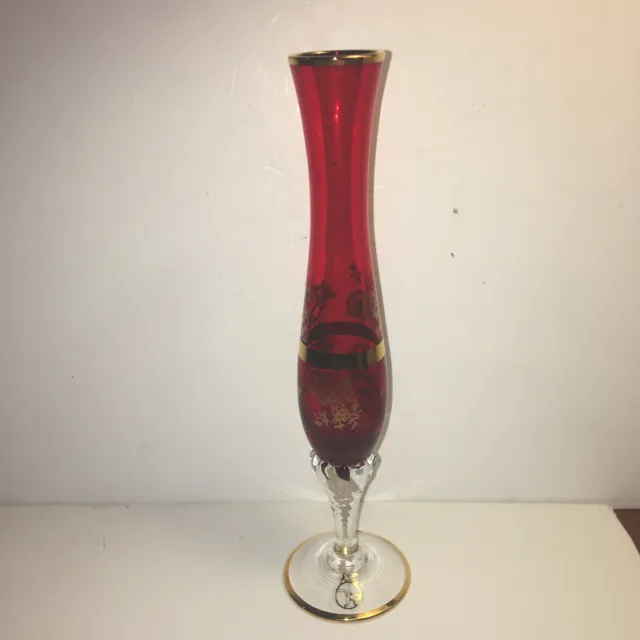 Vintage Czech Bohemian Red Glass Bud Vase With Gold Leaf 9” Tall 1970’s