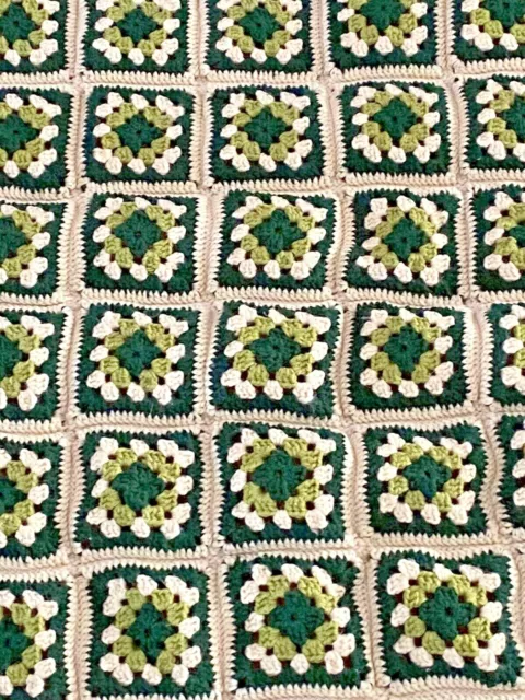 Vtg Irish GREEN & WHITE Granny Square Afghan Throw Blanket 44" x 54" Crochet