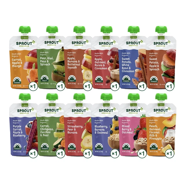 Organic Baby Food, Stage 2 Pouches, 12 Flavor Fruit Veggie & Grain Variety Sampl