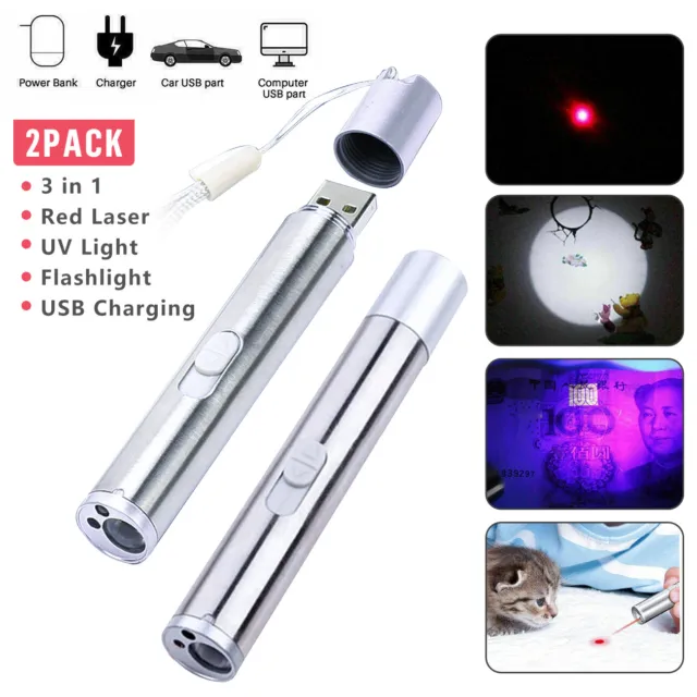 2pc 1mw Red Laser Pointer+UV Back Light+LED Flashlight 3 in 1 USB Rechargeable